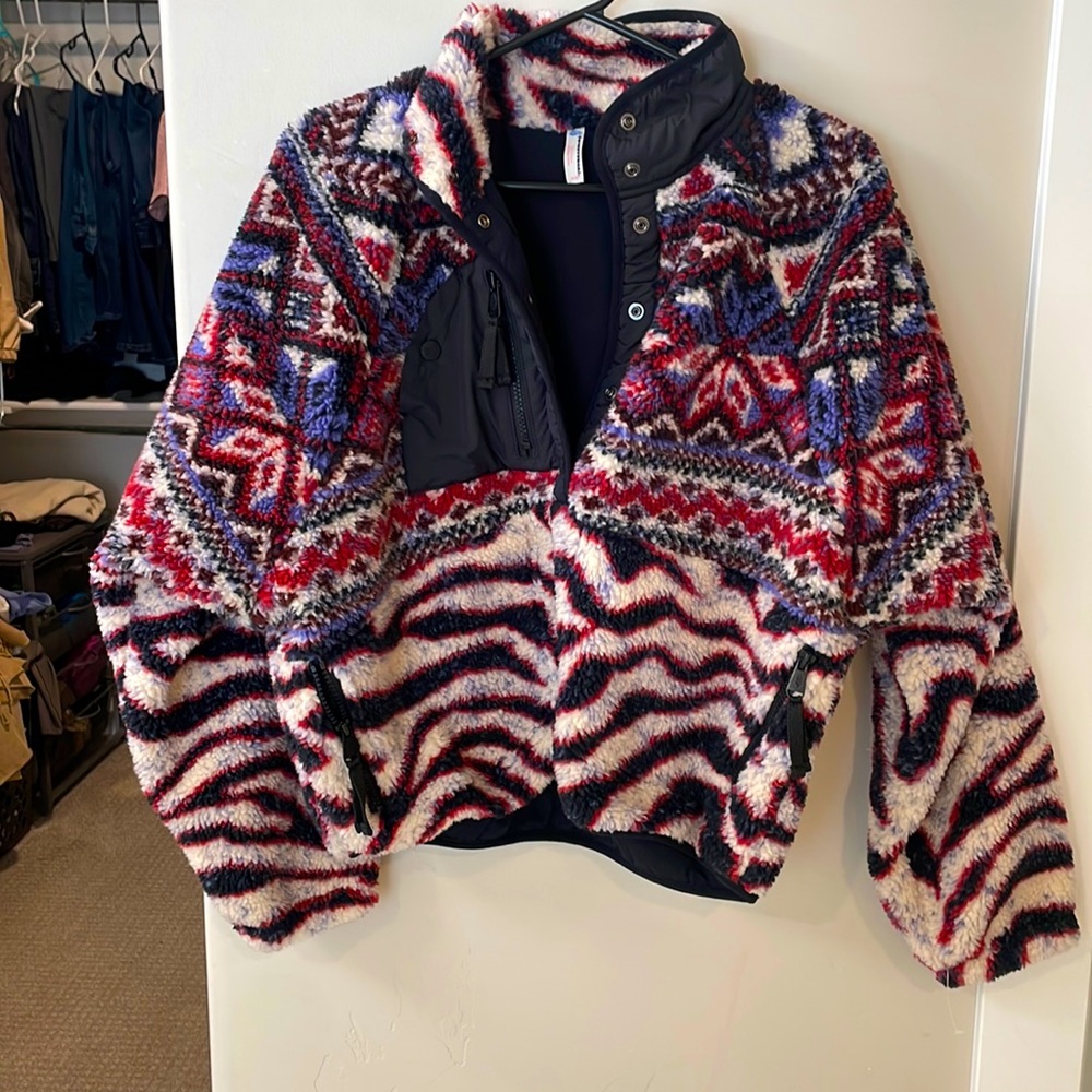 FP Movement by Free People Red, Blue & Cream Patterned Teddy Jacket